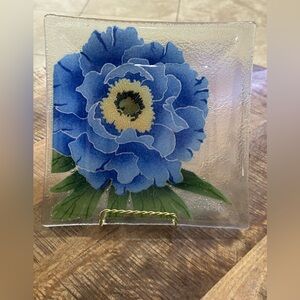 Peggy Karr Fused Glass Square Decorative Plate Blue Peony 9.50” EUC